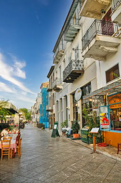 Tavernas and balconies along Staikopoulou Street in the old town of Nafplio