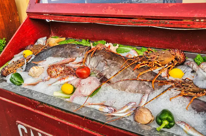 Fresh fish and seafood on ice outside a taverna in Nafplio
