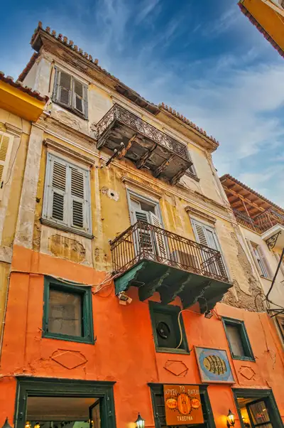 Neoclassical building with wrought iron balconies in the old town of Nafplio