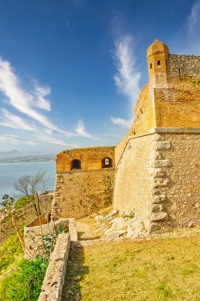 Brick bastion and walls of Palamidi fortress overlooking the Argolic Gulf