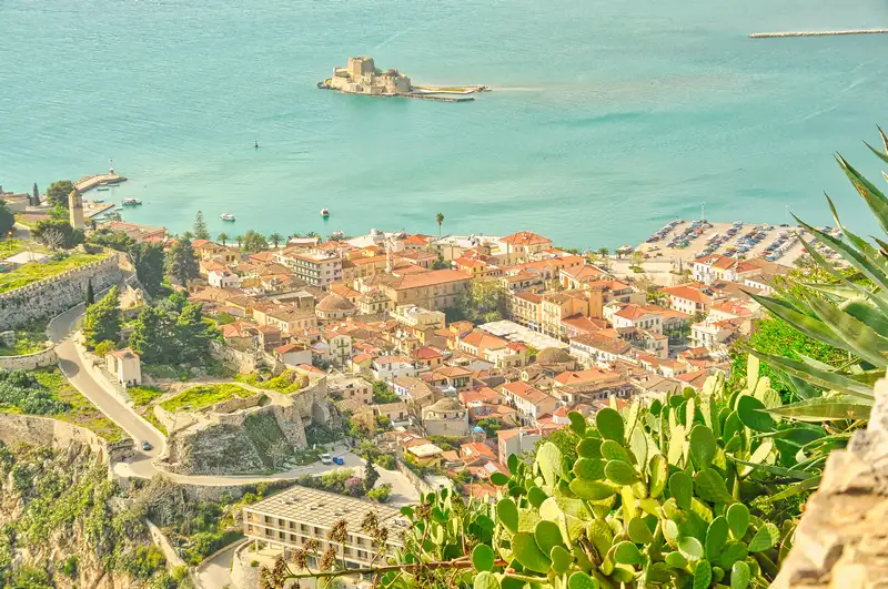 Panoramic view of the old town of Nafplio and Bourtzi castle from above