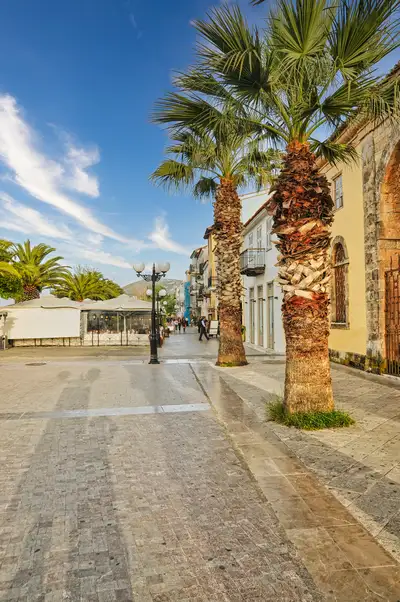 Pedestrian street at the edge of Nafplio's old town with palm trees