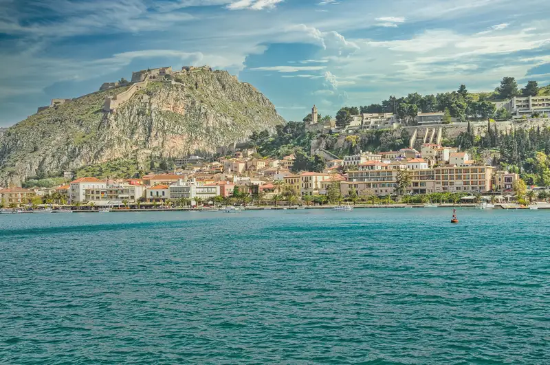 View of Nafplio town and Palamidi fortress from the sea