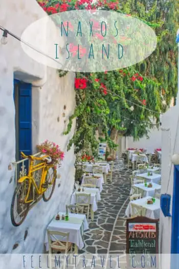 Naxos island Pinterest pin showing a Chora taverna alley with yellow bicycle and bougainvillea