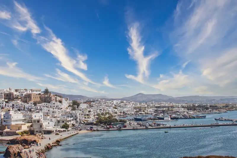 Panoramic view of Chora and the harbour from the Portara on Naxos