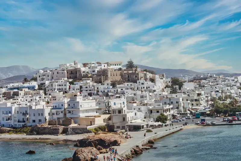 Panoramic view of Chora Naxos with the Venetian Kastro on the hill