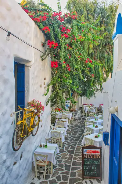 Taverna alley with yellow bicycle and bougainvillea in Chora Naxos