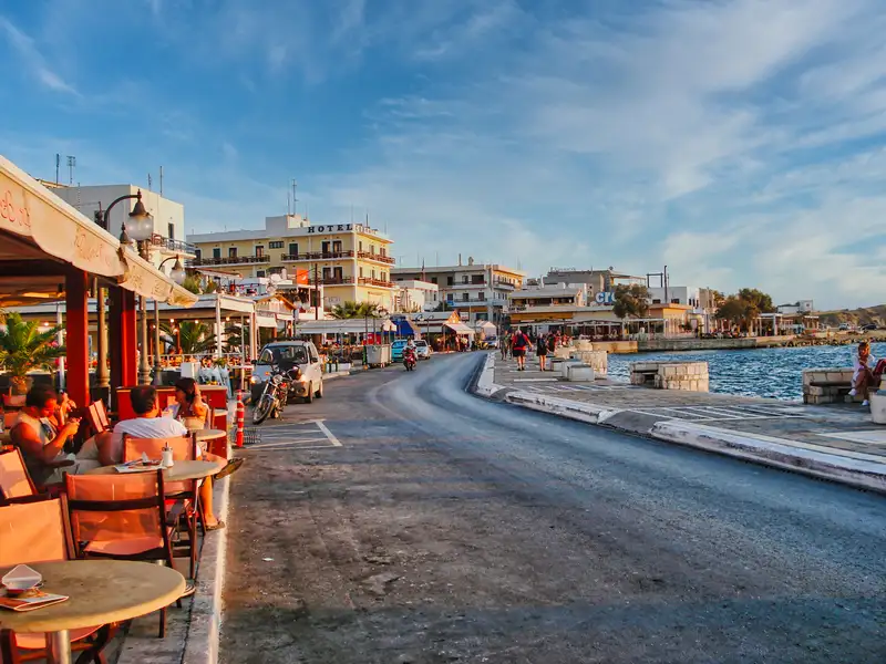 Cafes and the waterfront promenade at the port of Naxos Town