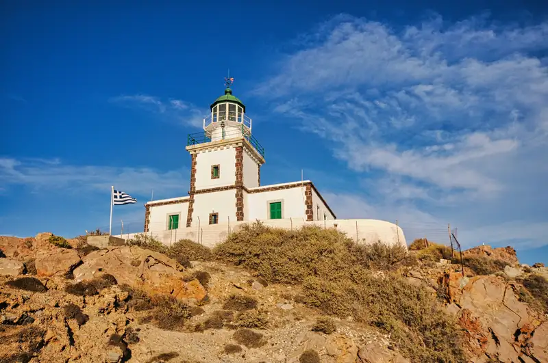 Faros lighthouse on the rocky cape of Akrotiri in Santorini