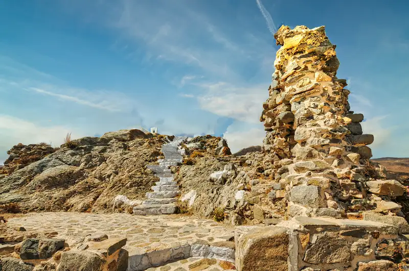 Ancient stone ruins and steps leading up to the Kastro of Chora in Serifos