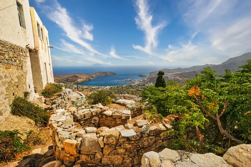 iew from Chora over old stone walls down to Livadi bay