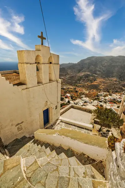 Blue-doored church overlooking Chora village and the inland hills of Serifos
