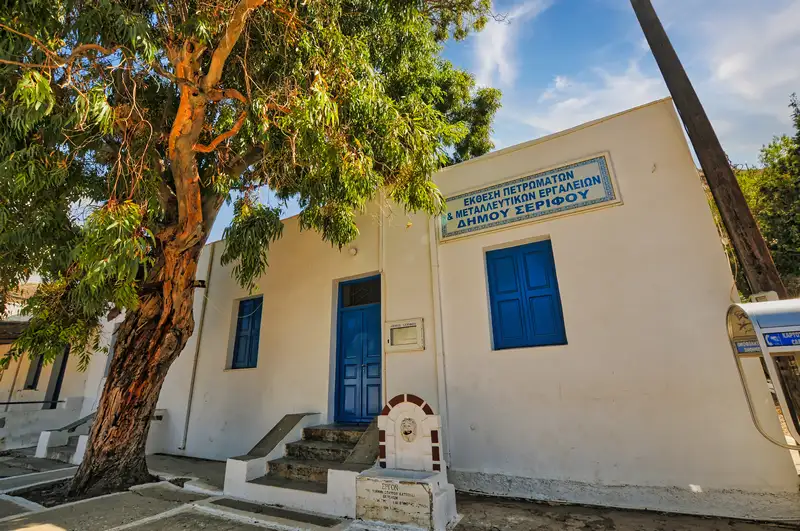 Mining museum of Megalo Livadi with its blue door in Serifos