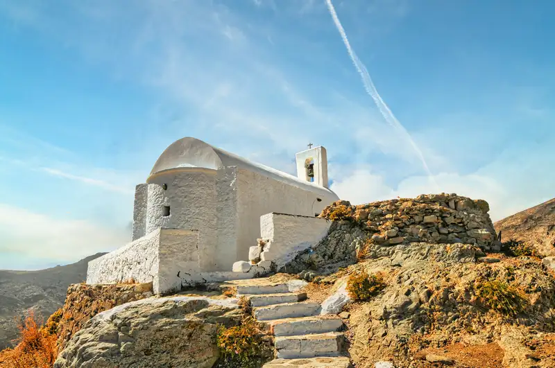 Small hilltop chapel reached by stone steps above the rock of Serifos