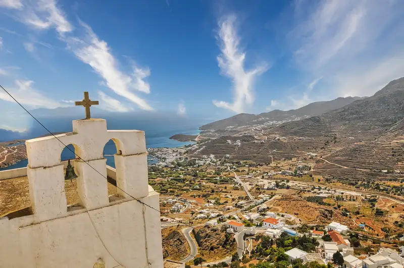 Chapel bell tower with a sweeping view down to the bay