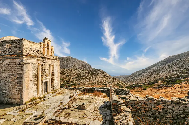 The historic monument of Episkopi and its courtyard ruins on Sikinos