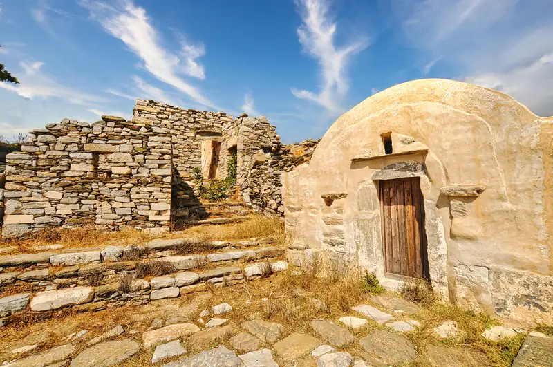 Domed stone chapel and dry stone walls at Episkopi on Sikinos
