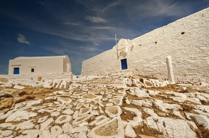 he interior court of Chrysopigi monastery at the top of Kastro in Sikinos