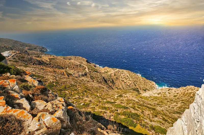The view over cliffs and open sea from Zoodochos Pigi monastery in Sikinos