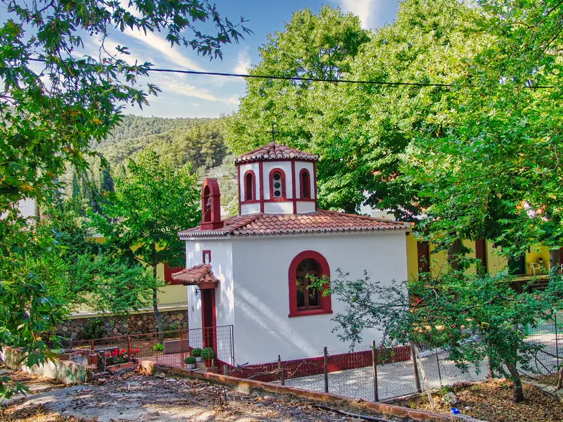 A tiny country church surrounded by green forest on Skopelos
