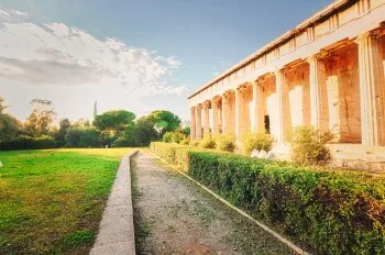 Ruins of the Ancient Agora of Athens with the Stoa of Attalos in the background