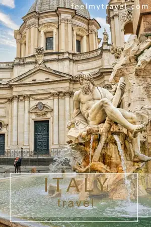 Bernini's Fountain of the Four Rivers and a baroque church facade in Piazza Navona, Rome, Italy