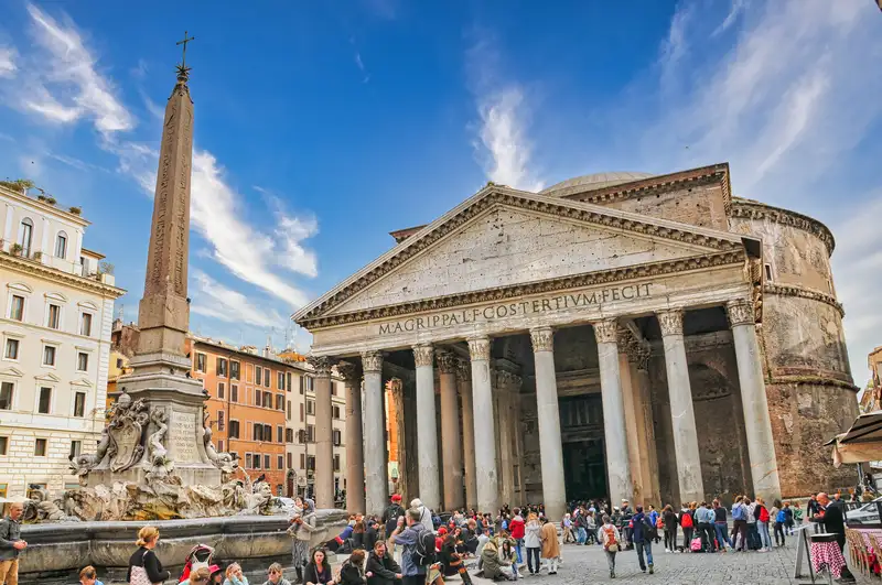 The ancient Pantheon in Rome with its obelisk fountain in the foreground