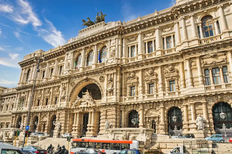 The ornate facade of the Palace of Justice in Rome with its bronze chariot