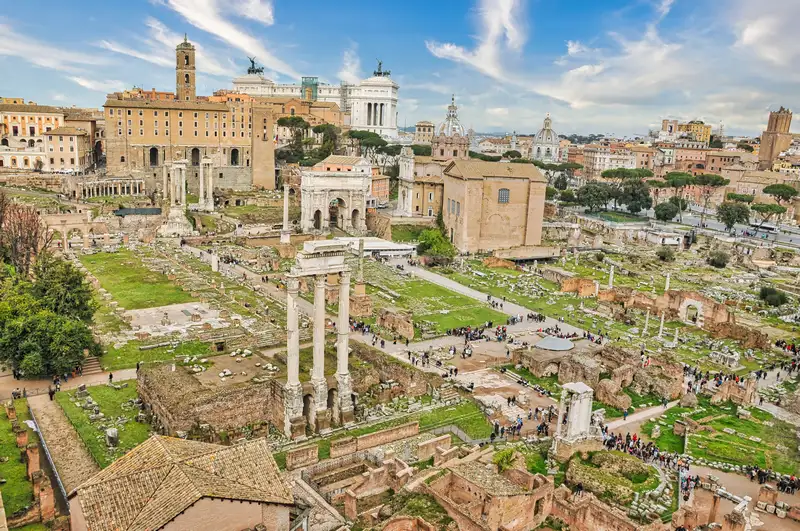 Panorama of the Roman Forum with the three columns of the Temple of Castor and Pollux