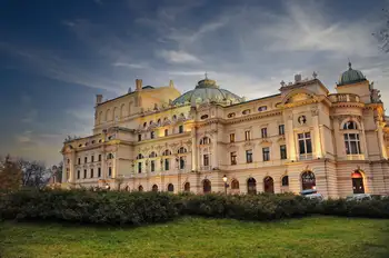 The grand neo-baroque Juliusz Slowacki Theatre with its green dome in Krakow, Poland
