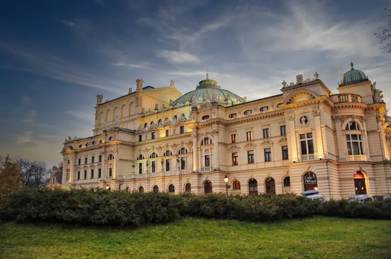 The Juliusz Slowacki Theatre in Krakow seen from the lawn outside