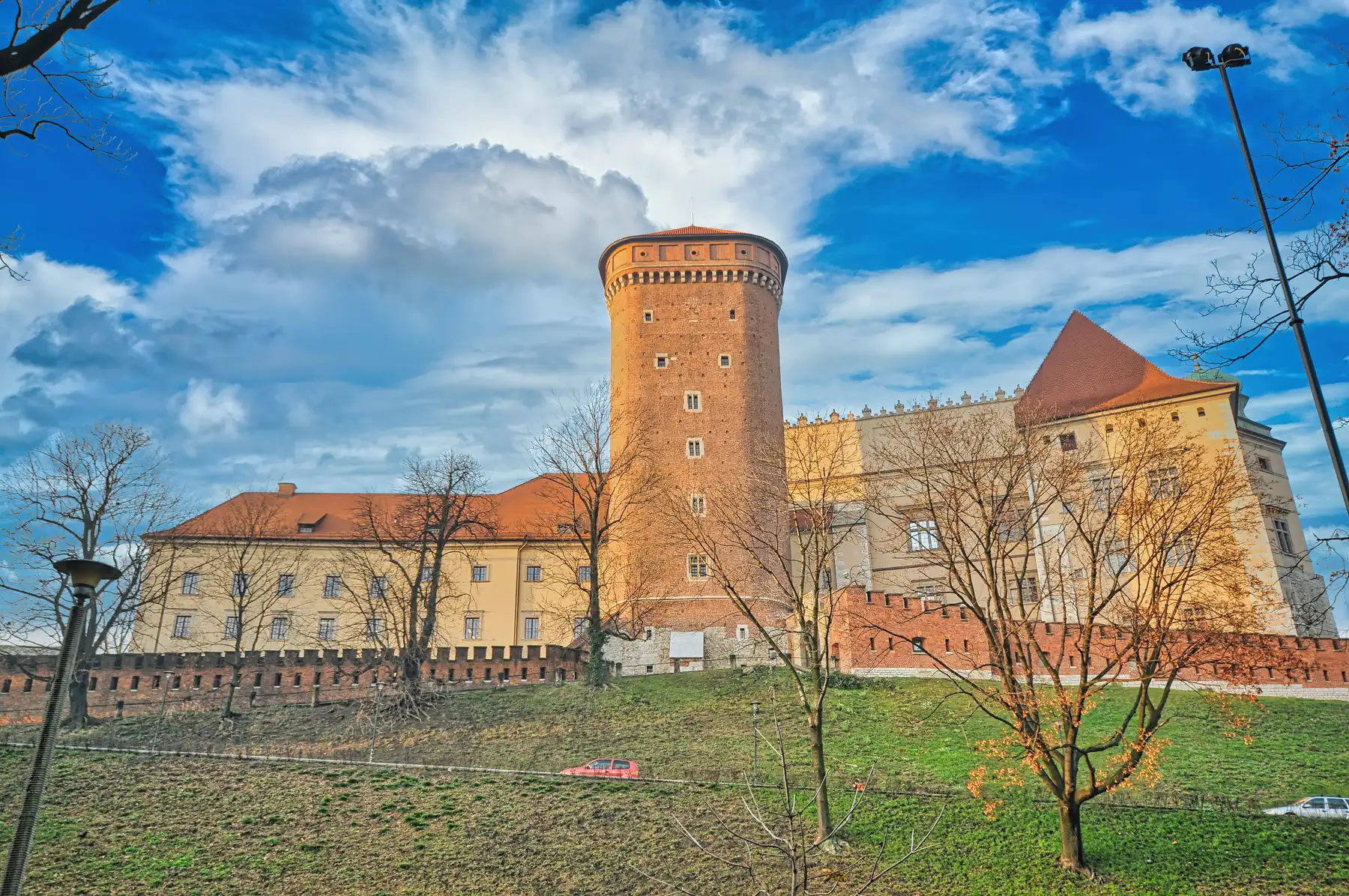 Wawel Royal Castle in Krakow seen from below the hill with its round tower