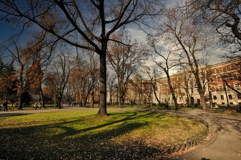 Autumn leaves and bare trees in Krakow's Planty park with buildings behind