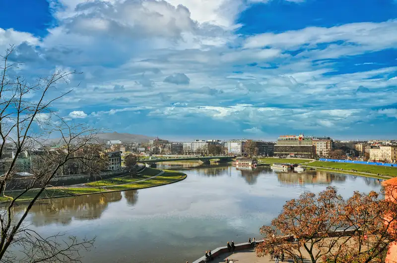 View over the Vistula river from Wawel hill in Krakow with the far bank beyond