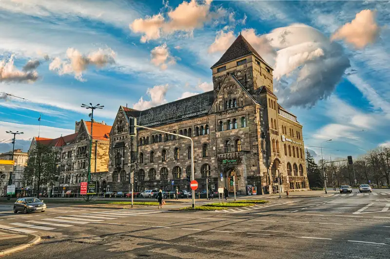 Stone facade of Collegium Maius in Poznan, home of the Poznanskie Slowiki choir