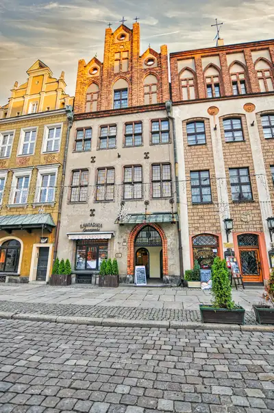 Gothic brick and painted merchant houses on the Old Market Square in Poznan