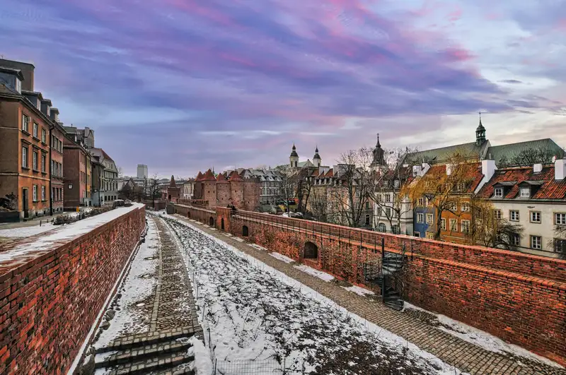 Red brick Barbican and defensive walls in Warsaw Old Town