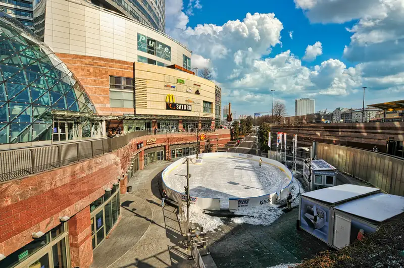 Modern shopping centre and skating rink near Warsaw Central Station