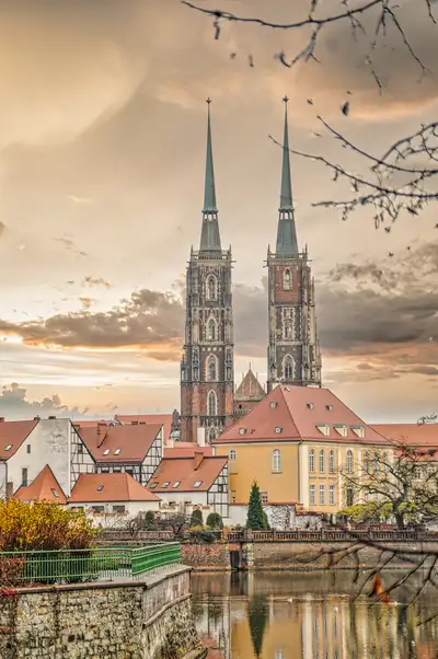 Towers of Wroclaw Cathedral above the rooftops of Cathedral Island