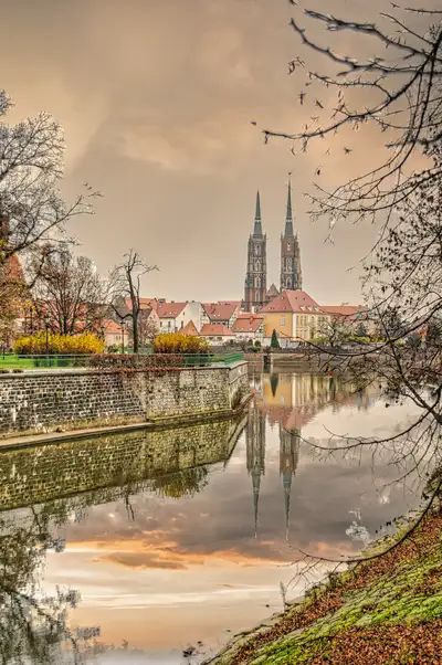 Cathedral Island reflected in the Oder river in Wroclaw