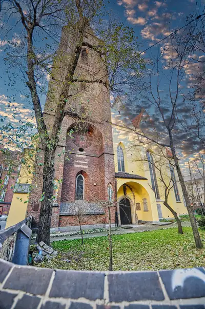 Historic church with a yellow nave in central Wroclaw