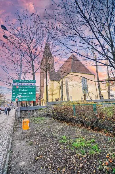 Gothic church beside a main road junction in Wroclaw