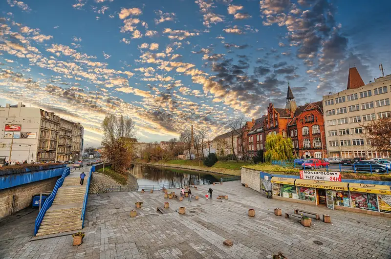 Riverside plaza and steps on the water in central Wroclaw