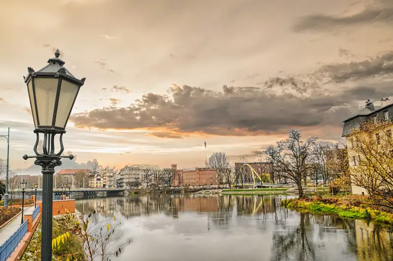 Wroclaw riverbank with a historic street lamp