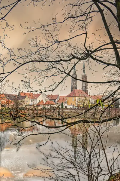 Cathedral Island in Wroclaw framed by bare branches across the Oder