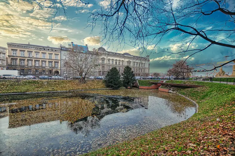 Green park beside the moat in central Wroclaw