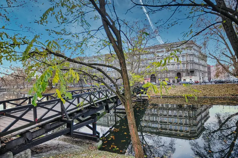 Wooden footbridge over the old city moat in Wroclaw