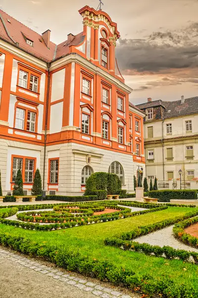 Baroque façade of the Ossolineum in Wroclaw with its formal garden