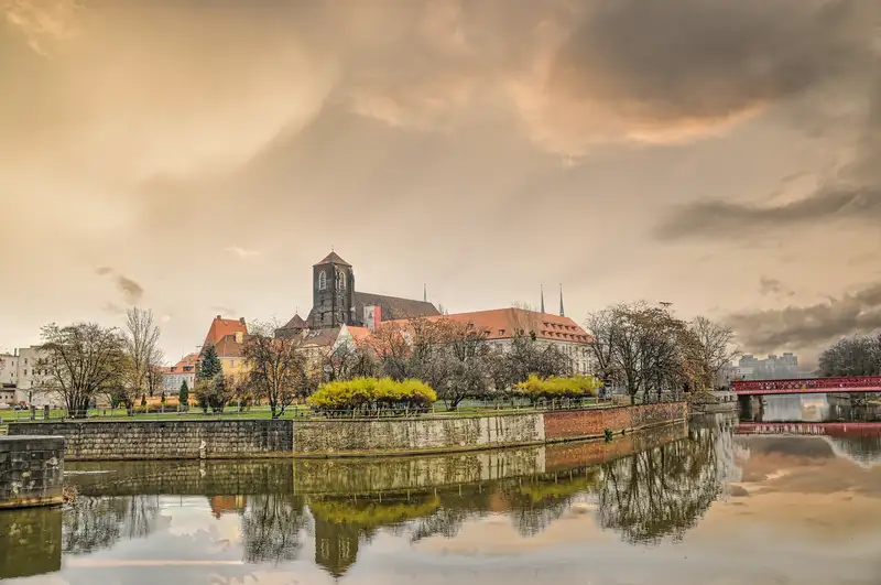 Sand Island and its church seen across the Oder in Wroclaw